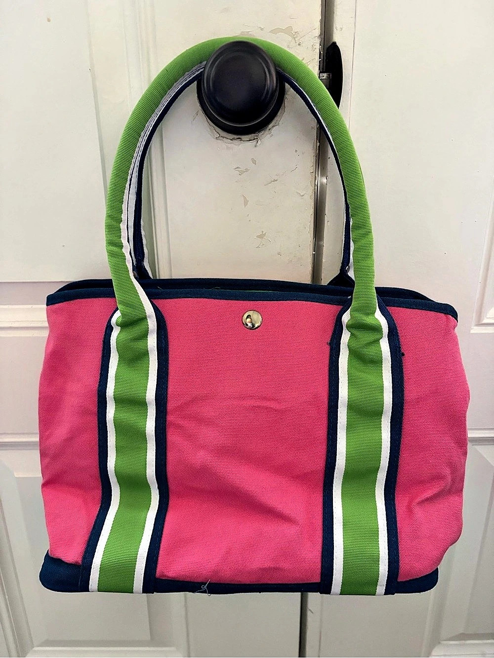 Vintage Disney Mickey Mouse Pink & Green Striped Canvas Tote Bag Clean - Picture 2 of 3